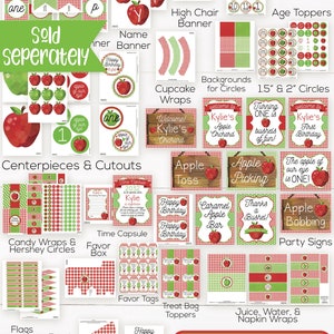 K&ouml;nnte beinhalten: Druckbarer Party-Dekorationssatz zum Thema Apfel. Enth&auml;lt Cupcake-Verpackungen, Banner, Schilder, Lebensmitteletiketten, Partyh&uuml;te, Geschenkanh&auml;nger und mehr. Bearbeitbar und druckbar. Personalisieren Sie mit Coril.