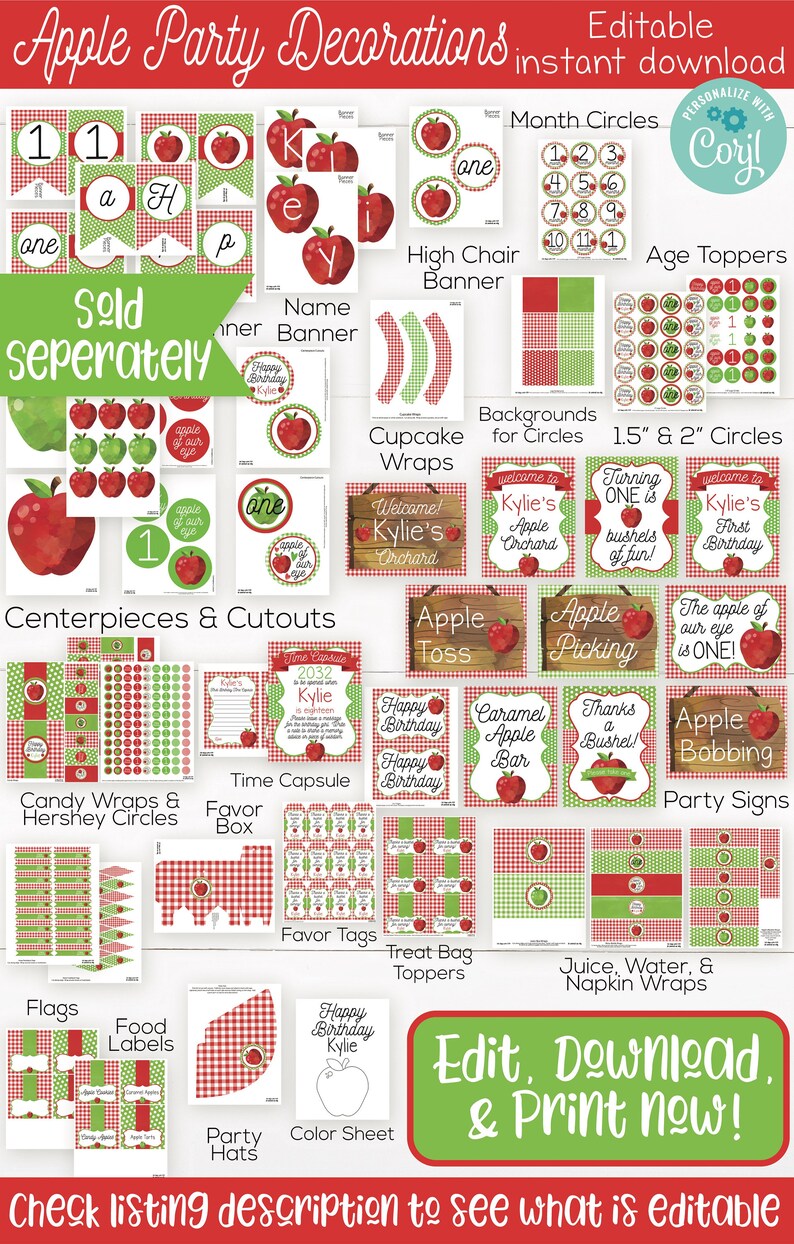 K&ouml;nnte beinhalten: Druckbarer Party-Dekorationssatz zum Thema Apfel. Enth&auml;lt Cupcake-Verpackungen, Banner, Schilder, Lebensmitteletiketten, Partyh&uuml;te, Geschenkanh&auml;nger und mehr. Bearbeitbar und druckbar. Personalisieren Sie mit Coril.