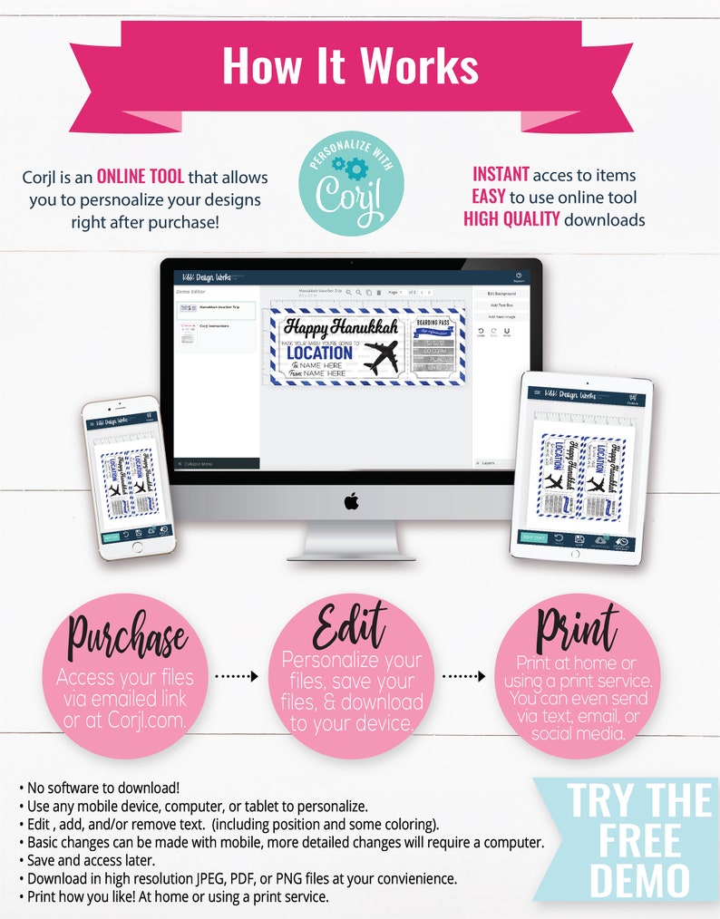 May include: A pink and blue graphic showing how to personalize and print digital designs using the Corjl online tool. The graphic shows a computer screen, a tablet, and a smartphone, each displaying a different step in the process. The text "Happy Hanukkah" is visible on the computer screen.