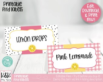 May include: Printable food labels with a pink and black polka dot design and a pink and white gingham design. The labels say "Lemon Drops" and "Pink Lemonade".