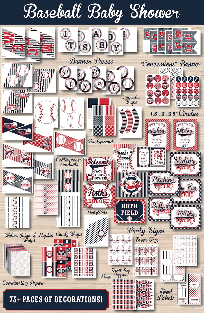 May include: A set of printable baseball-themed baby shower decorations. The set includes banners, cupcake wrappers, circles, centerpieces, pendants, backgrounds, party hats, water, juice, and napkin wraps, candy wraps, coordinating papers, flags, treat bag toppers, food labels, and party signs. The decorations are in red, white, and blue.