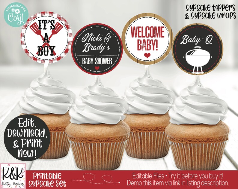 May include: Printable cupcake toppers and wrappers for a baby shower. The toppers feature a red and white checkered design with the text "It's a Boy", a black and red design with the text "Nicki & Brody's Baby Shower", a woodgrain design with the text "Welcome Baby!" and a black and white design with the text "Baby-Q".