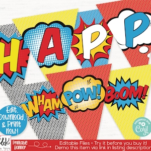 Superhero Birthday  Party Banner, Superhero Birthday Party Decoration, Superhero Printable, Superhero Invitation, Boy 1st Birthday, Editable