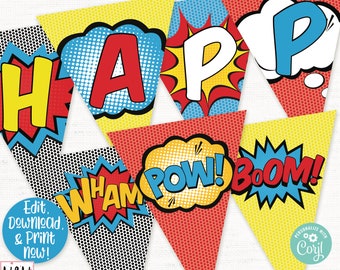 Superhero Birthday  Party Banner, Superhero Birthday Party Decoration, Superhero Printable, Superhero Invitation, Boy 1st Birthday, Editable