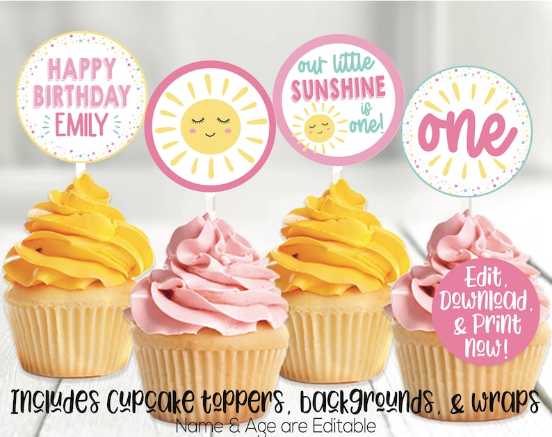 May include: Four cupcake toppers with a sunshine theme. The toppers feature a yellow sun with a smiling face and pink, yellow, and blue confetti. The text on the toppers reads "Happy Birthday Emily", "Our little Sunshine is one!" and "one".