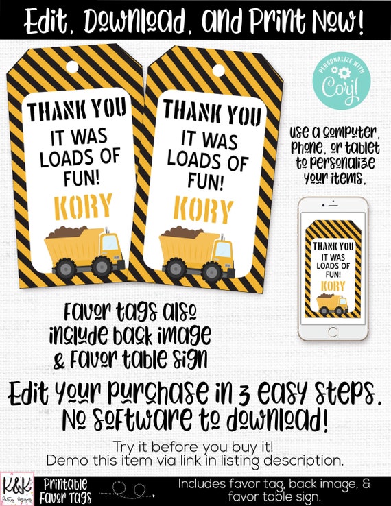 Construction Favor Tag - Construction Favor - Construction Party - Construction Birthday - Construction Decorations - Printable - 1st Birthd Il_570xn