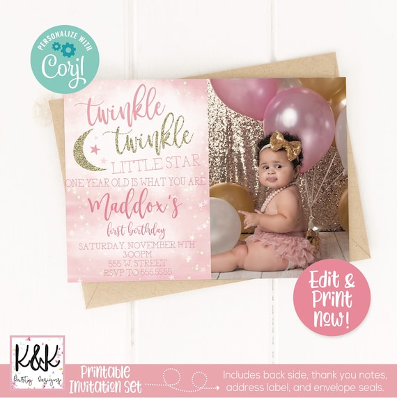 Editable Twinkle Twinkle Little Star Birthday Party Invitation, Girls First Birthday Invite, Twinkle 1st Birthday, Gold Pink, Digital Invite Il_570xn