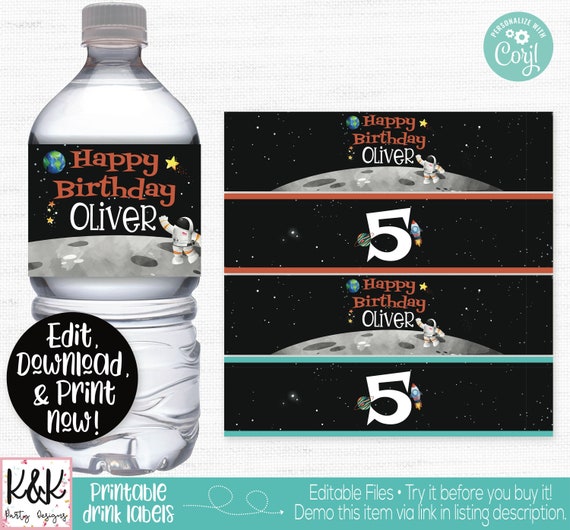 Outer Space Water Bottle Labels, Outer Space Drink Labels, Outer Space Birthday Party Decorations, Rocket Ship Party, Astronaut, Printable Il_570xn