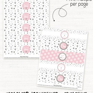 Peut inclure: Emballages de bouteilles d'eau imprimables avec un motif de flocons de neige roses et de paillettes argent&eacute;es. Les emballages comportent le texte "Neige fondue" et "Anniversaire Un".