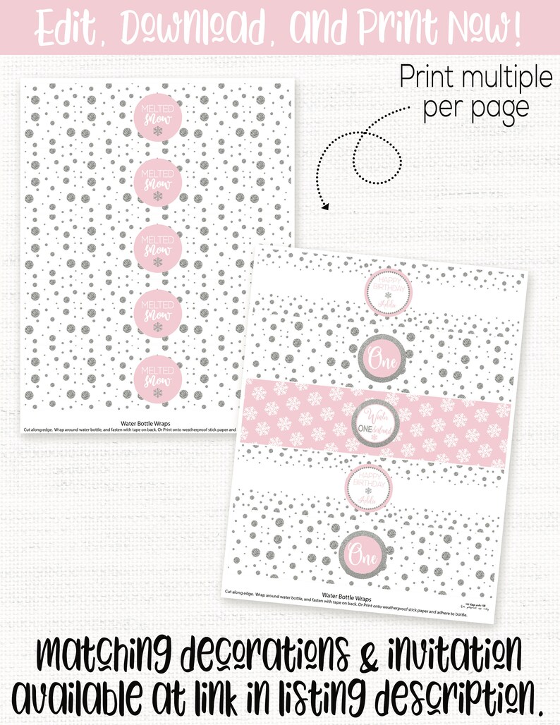 Peut inclure: Emballages de bouteilles d'eau imprimables avec un motif de flocons de neige roses et de paillettes argent&eacute;es. Les emballages comportent le texte "Neige fondue" et "Anniversaire Un".