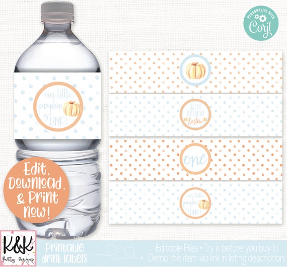 Pumpkin Water Bottle Labels, Pumpkin Drink Labels, Pumpkin Birthday Party Decorations, Boy Birthday, Fall Birthday, 1st Birthday, Printable Il_570xn