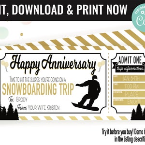 Anniversary Snowboarding Trip Ticket Surprise Gift Certificate Voucher, Ski Lift Ticket Printable Template Gift Card Editable Instant Downlo