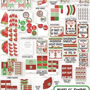 Puede incluir: Decoraciones de fiesta de sand&iacute;a imprimibles con m&aacute;s de 65 p&aacute;ginas de dise&ntilde;os. Incluye pancartas, adornos para cupcakes, etiquetas para alimentos, banderas y mucho m&aacute;s. El tema es la sand&iacute;a con colores rojo y verde.