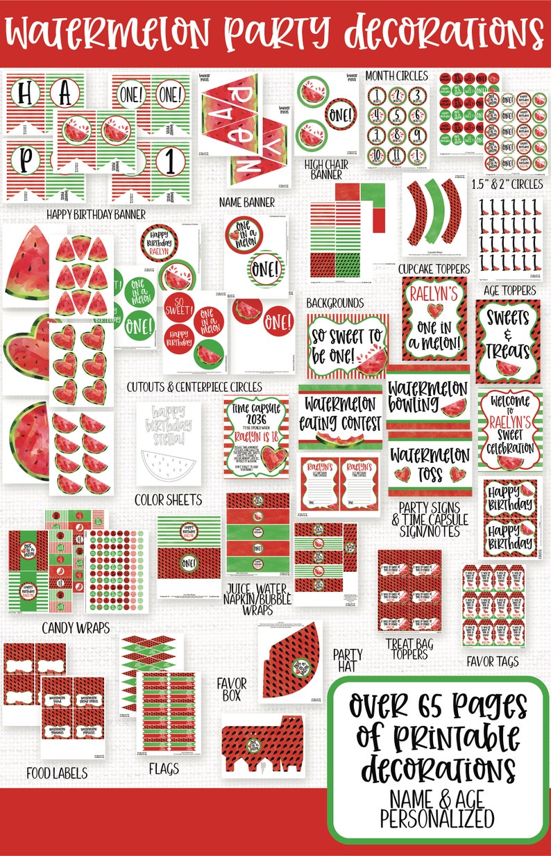 Puede incluir: Decoraciones de fiesta de sand&iacute;a imprimibles con m&aacute;s de 65 p&aacute;ginas de dise&ntilde;os. Incluye pancartas, adornos para cupcakes, etiquetas para alimentos, banderas y mucho m&aacute;s. El tema es la sand&iacute;a con colores rojo y verde.