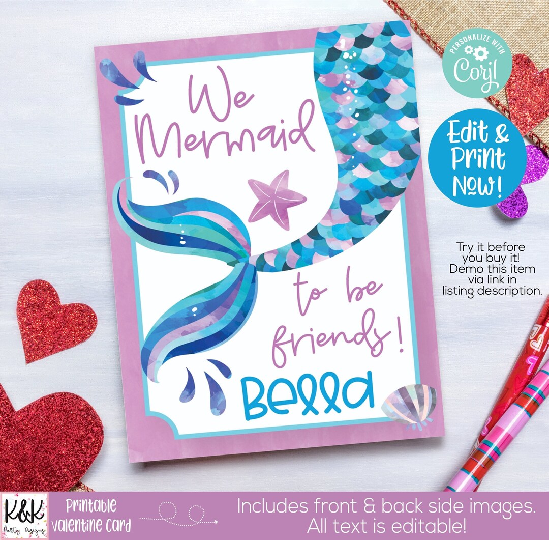 Mermaid Printable Valentine Card, Kids Valentines Day Card, School ...