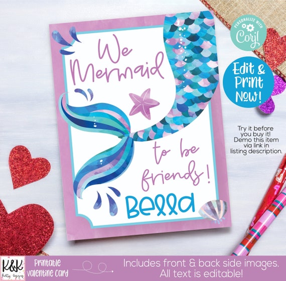 Mermaid Printable Valentine Card, Kids Valentines Day Card, School Valentine Exchange, Class Valentine, Preschool Valentine, Mermaid to be Il_570xn