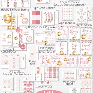 May include: A digital Pumpkin Party Set with various printable elements. Includes banners, cupcake toppers, age and month toppers, signs, favor boxes, and more. Features a pumpkin and floral design with the text "Edit, Download & Print Now!"