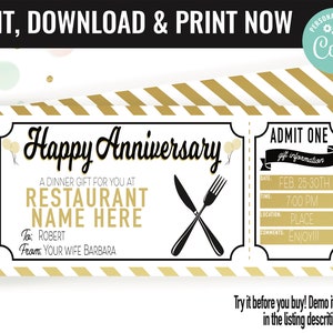 Anniversary Surprise Restaurant Gift Voucher, Restaurant Dinner Date Printable Template Gift Card, Editable Instant Download Gift Certificat
