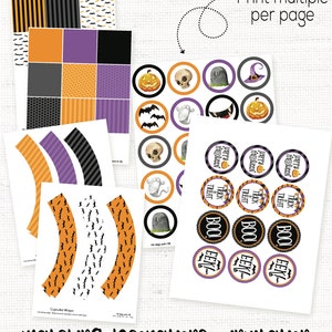 Peut inclure: D&eacute;corations de f&ecirc;te d'Halloween imprimables en orange, noir et violet. L'ensemble comprend des emballages de cupcakes, des autocollants circulaires et du papier &agrave; motifs carr&eacute;s. Les autocollants repr&eacute;sentent des chauves-souris, des cr&acirc;nes, des citrouilles, des fant&ocirc;mes et les mots "Trick or Treat", "Boo" et "Eek!"
