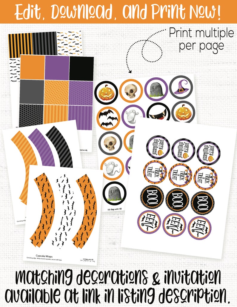 Peut inclure: D&eacute;corations de f&ecirc;te d'Halloween imprimables en orange, noir et violet. L'ensemble comprend des emballages de cupcakes, des autocollants circulaires et du papier &agrave; motifs carr&eacute;s. Les autocollants repr&eacute;sentent des chauves-souris, des cr&acirc;nes, des citrouilles, des fant&ocirc;mes et les mots "Trick or Treat", "Boo" et "Eek!"