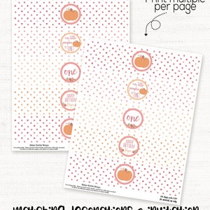 May include: Printable water bottle wraps with a pink and orange polka dot pattern. The wraps feature a pumpkin and the text "our little pumpkin is one" and "Happy Birthday Piper".