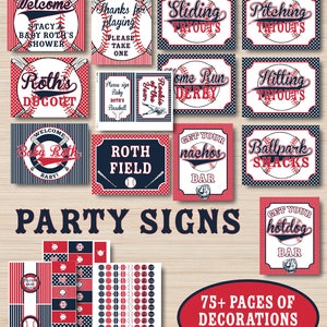 May include: Baseball themed baby shower party signs with red, white, and blue colors. The signs include phrases like "Welcome", "Roth's Dugout", "Ballpark Snacks", and "Get Your Hotdog Bar". The signs are decorated with baseballs, bats, and other baseball-related imagery. The image also includes candy wrappers with baseball-themed designs.