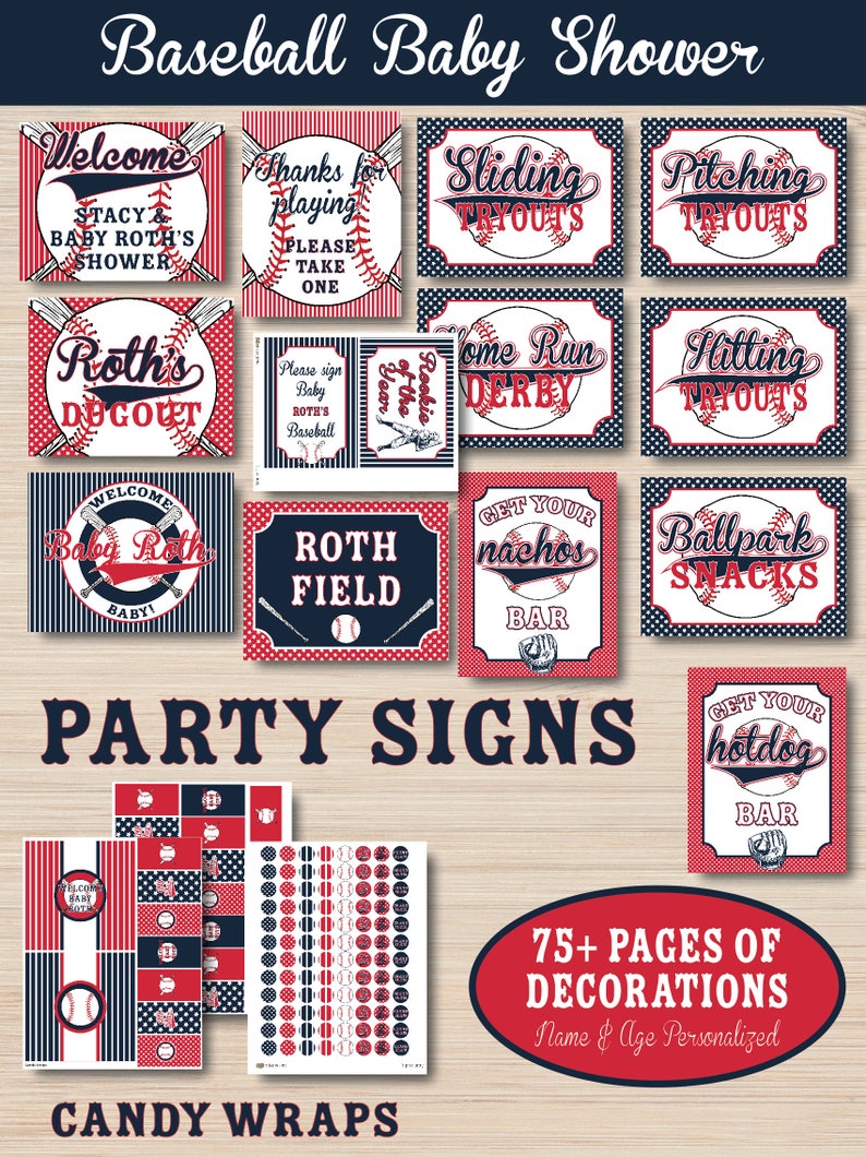 May include: Baseball themed baby shower party signs with red, white, and blue colors. The signs include phrases like "Welcome", "Roth's Dugout", "Ballpark Snacks", and "Get Your Hotdog Bar". The signs are decorated with baseballs, bats, and other baseball-related imagery. The image also includes candy wrappers with baseball-themed designs.
