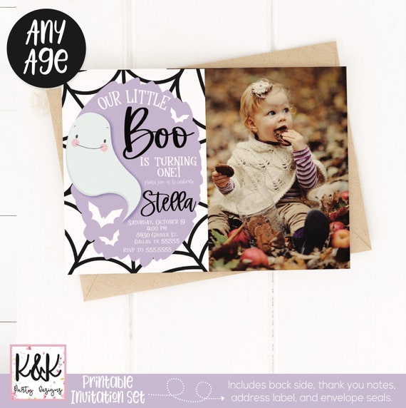 Little Boo Purple Ghost Birthday Party Invitation Halloween Birthday Our Little Boo Decor First Birthday Party 1st Birthday Cute Ghost Il_570xn