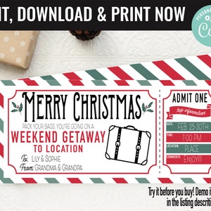 Christmas Surprise Weekend Getaway Gift Voucher, Weekend Getaway Trip Printable Template Gift Card, Editable Instant Download Gift Certifica image 1
