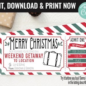 Christmas Surprise Weekend Getaway Gift Voucher, Weekend Getaway Trip Printable Template Gift Card, Editable Instant Download Gift Certifica image 1