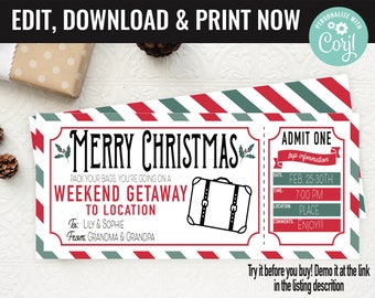 Christmas Surprise Weekend Getaway Gift Voucher, Weekend Getaway Trip Printable Template Gift Card, Editable Instant Download Gift Certifica