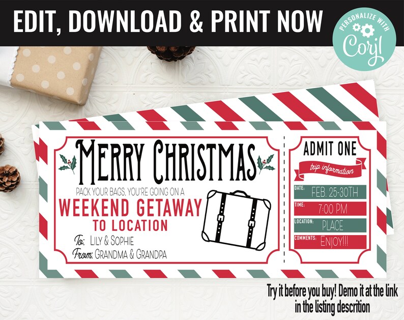 Christmas Surprise Weekend Getaway Gift Voucher, Weekend Getaway Trip Printable Template Gift Card, Editable Instant Download Gift Certifica image 1
