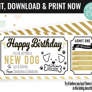 Birthday Surprise New Puppy Dog Gift Voucher, New Puppy Dog Gift Printable Template Gift Card, Editable Instant Download Gift Certificate