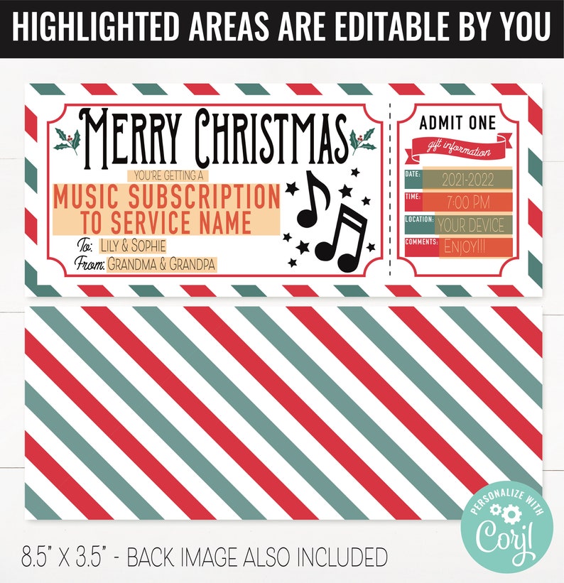 Christmas Surprise Music Subscription Service Gift Voucher, Music Printable Template Gift Card, Editable Instant Download Gift Certificate image 2