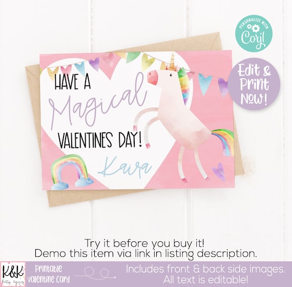 Unicorn Printable Valentine Card, Kids Valentines Day Card, School Valentine Exchange, Class Valentine, Unicorn Valentine, Preschool Valenti Il_570xn