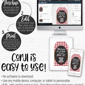 May include: A computer screen shows a red and black baby shower invitation with the text "Thank you for coming to our Baby-Q! Nicki and Brody". The invitation is on a red and white gingham background. The screen is on a white desk with a tablet and a smartphone showing the same invitation.