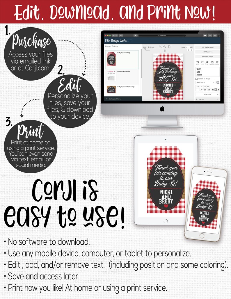 May include: A computer screen shows a red and black baby shower invitation with the text "Thank you for coming to our Baby-Q! Nicki and Brody". The invitation is on a red and white gingham background. The screen is on a white desk with a tablet and a smartphone showing the same invitation.