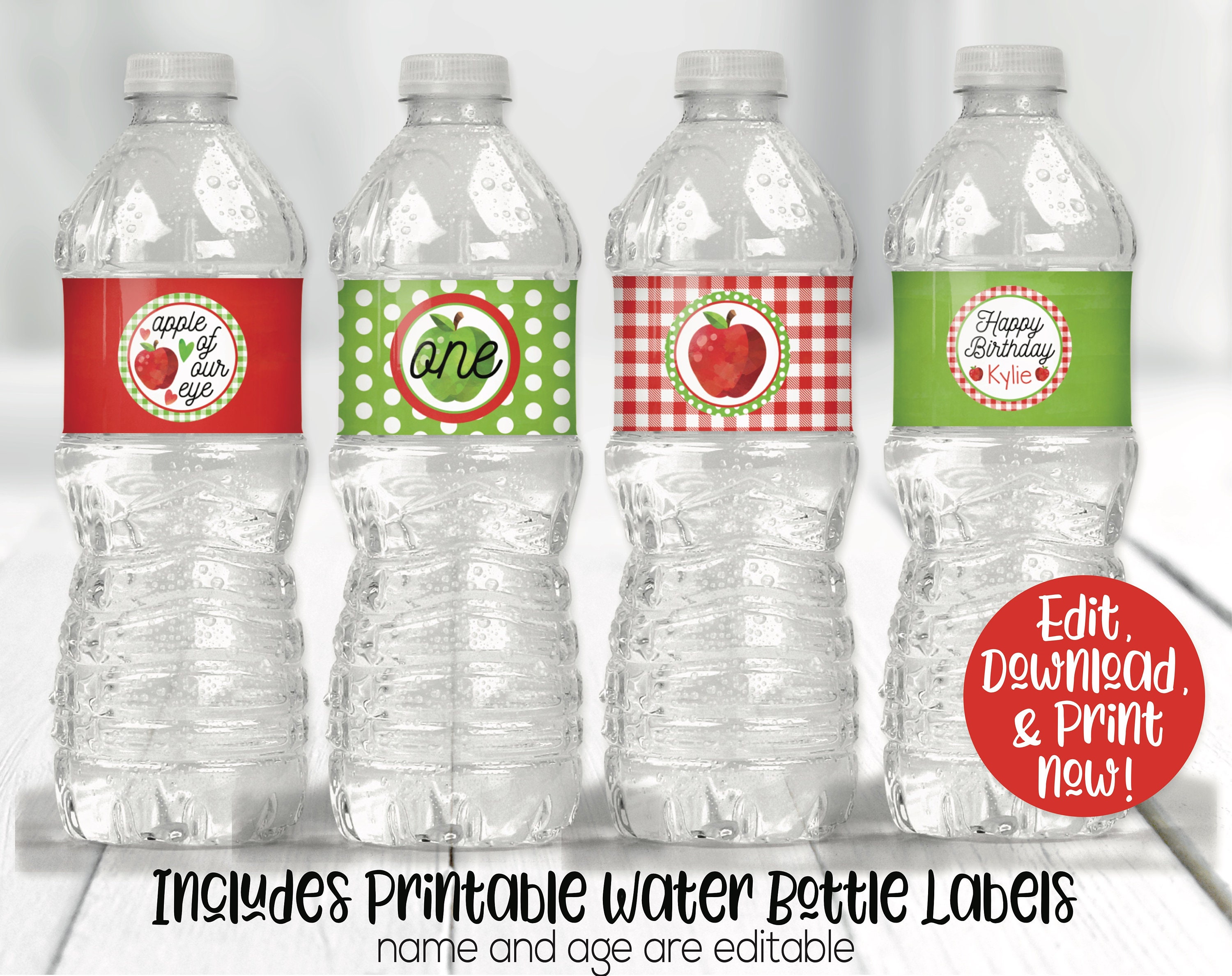 Apple Water Bottle Label, Apple Drink Label, Apple Birthday Party Decorations, Apple of our eye, Girls Birthday, 1st Birthday, First Birthda