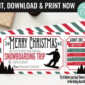 Christmas Snowboarding Trip Ticket Surprise Gift Certificate Voucher, Ski Lift Ticket Printable Template Gift Card Editable Instant Download