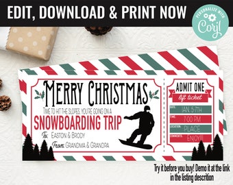 Christmas Snowboarding Trip Ticket Surprise Gift Certificate Voucher, Ski Lift Ticket Printable Template Gift Card Editable Instant Download