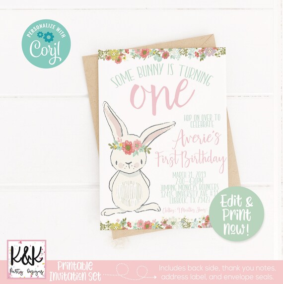Bunny Birthday Party Invitation, Some Bunny is One, Spring Birthday, First Birthday Girl, Shabby Chic, Girls 1st Birthday, Easter Birthday Il_570xn
