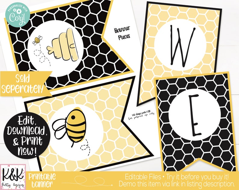 K&ouml;nnte beinhalten: Druckbare Banner mit einem schwarz-gelben Wabenmuster. Das Banner zeigt die Buchstaben "WE" und eine Bienenillustration. Der Text "Banner Pieces" ist ebenfalls enthalten.