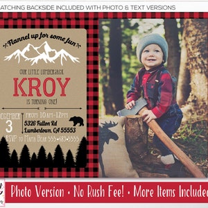 May include: A red and black plaid background with a brown paper invitation for a first birthday party. The invitation says "Flannel up for some fun" and features a mountain range with the name "Kroy" in red. The invitation also includes details about the party, including the date, time, and location. A photo of a young boy in a red and black plaid shirt holding an axe is in the background.