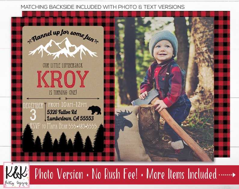 May include: A red and black plaid background with a brown paper invitation for a first birthday party. The invitation says "Flannel up for some fun" and features a mountain range with the name "Kroy" in red. The invitation also includes details about the party, including the date, time, and location. A photo of a young boy in a red and black plaid shirt holding an axe is in the background.