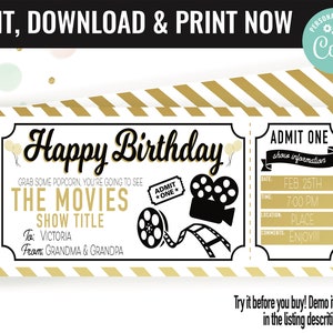 Birthday Movie Ticket Surprise Gift Voucher, Surprise Movie Show Ticket Printable Template, Editable Instant Download, Gift Certificate
