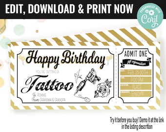 Birthday Surprise Tattoo Ink Gift Voucher, Tattoo Gift Present Printable Template Gift Card, Editable Instant Download Gift Certificate