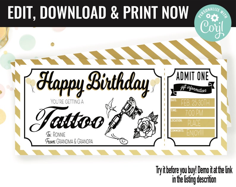 Birthday Surprise Tattoo Ink Gift Voucher, Tattoo Gift Present Printable Template Gift Card, Editable Instant Download Gift Certificate image 1