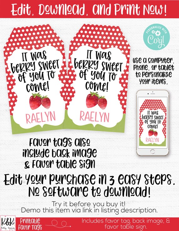 Strawberry Favor Tag, Strawberry Birthday Party Decorations, Strawberry Party Favor, Strawberry Thank You, Berry Sweet To Be, First Birthday Il_570xn