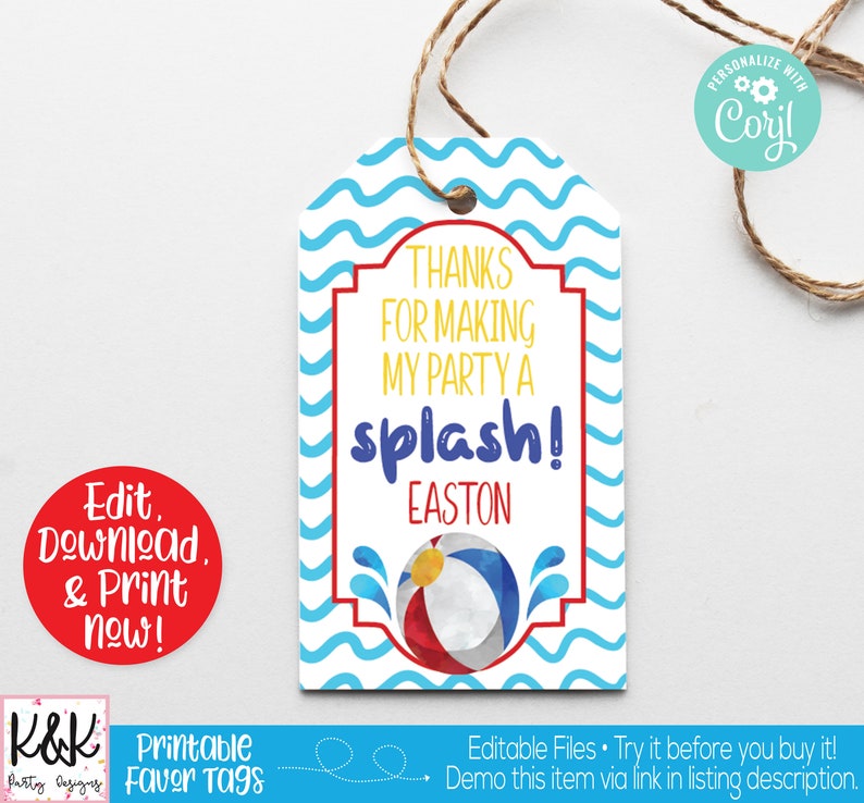 Pool Party Favor Tags Pool Party Favors Pool Party Thank Etsy