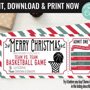 Christmas Basketball Ticket Surprise Gift Voucher, Basketball Game Surprise Printable Gift Card Editable Instant Download Certificate
